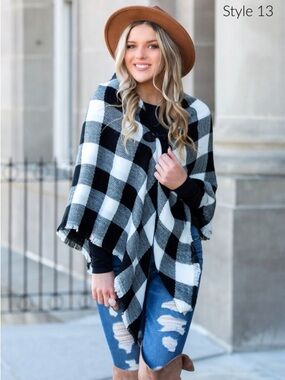 Black and White Buffalo Plaid Knit Poncho Sweater
